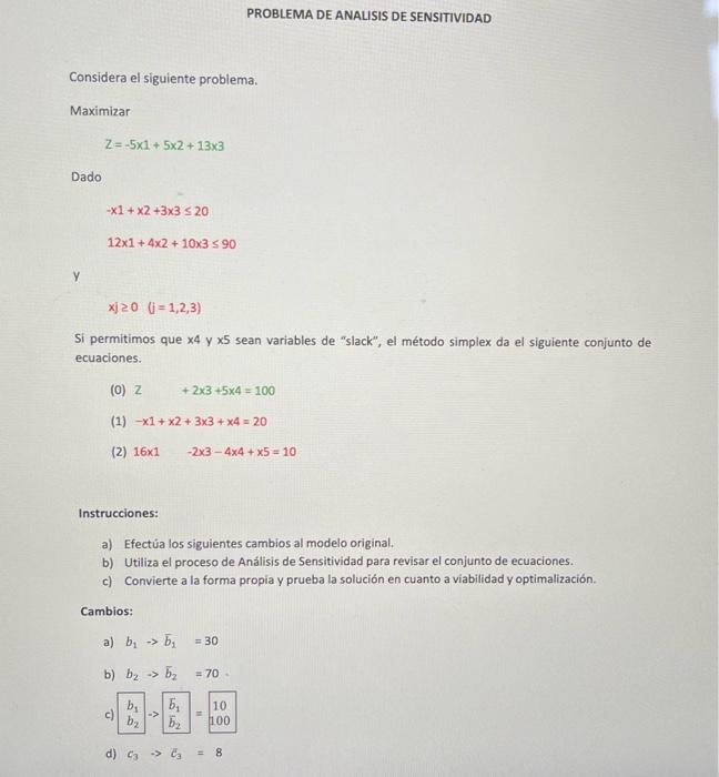 SENSITIVITY ANALYSIS PROBLEM Consider the following | Chegg.com