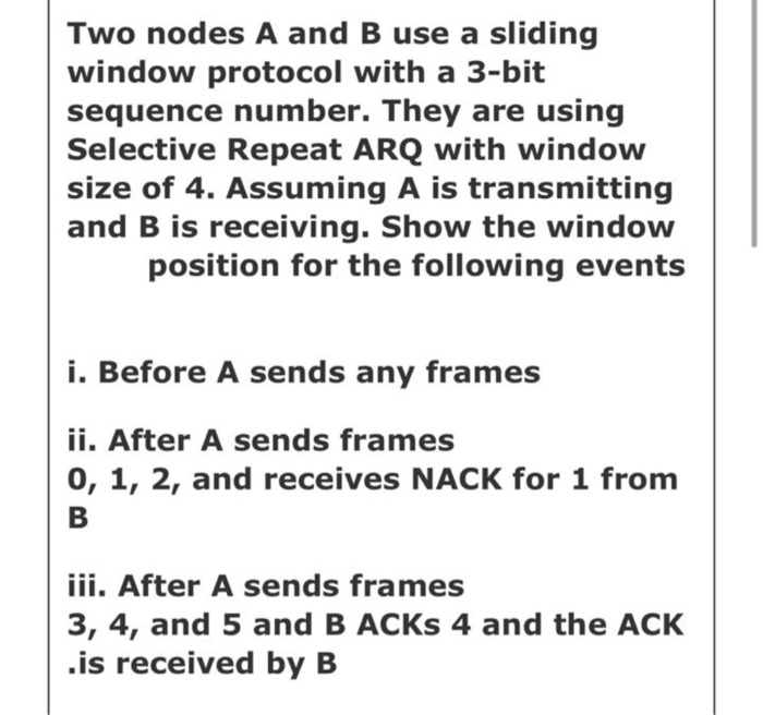 Solved Two Nodes A And B Use A Sliding Window Protocol With | Chegg.com