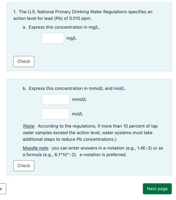 Solved 1. The U.S. National Primary Drinking Water | Chegg.com