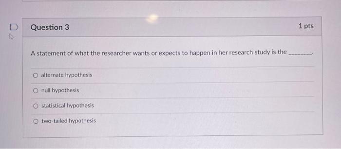 Solved D Question 3 1 pts A statement of what the researcher | Chegg.com