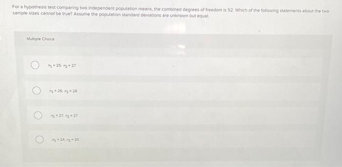 Solved For a hypothesis test comparing two independent | Chegg.com