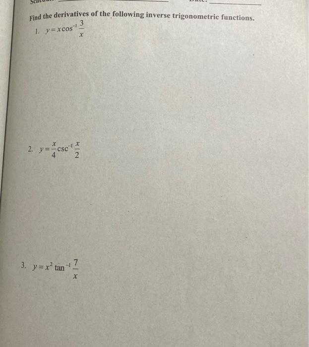 3.5 derivatives of inverse trigonometric functions homework