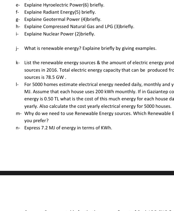 Solved e- Explaine Hyroelectric Power(6) briefly. f- | Chegg.com