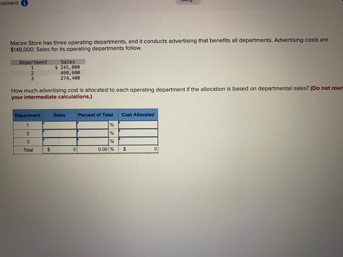 Macee Store has three operating departments, and it conducts advertising that benefits all departments. Advertising costs are