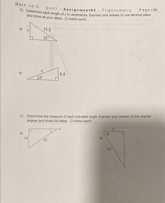 Solved Math 10-C Unit 1 - Assignment#2 - Trigonometry 12. | Chegg.com