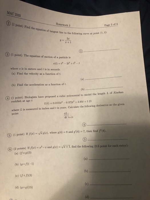 Solved Mac 2233 2 1 Point Find The Equation Of Tangent Chegg Com