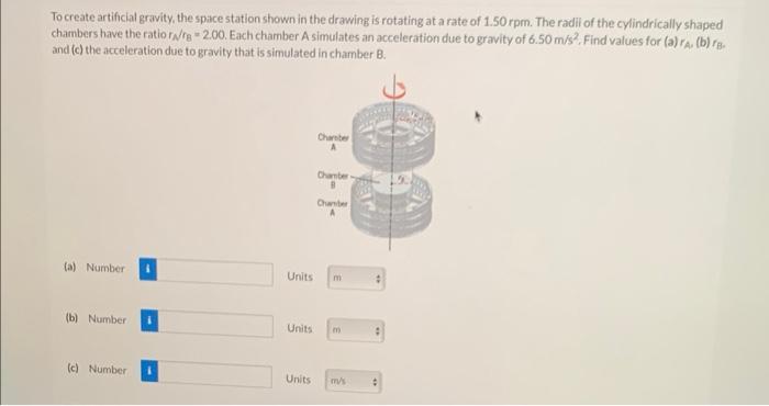 To create artificial gravity, the space station shown in the drawing is rotating at a rate of \( 1.50 \) rpm. The radil of th