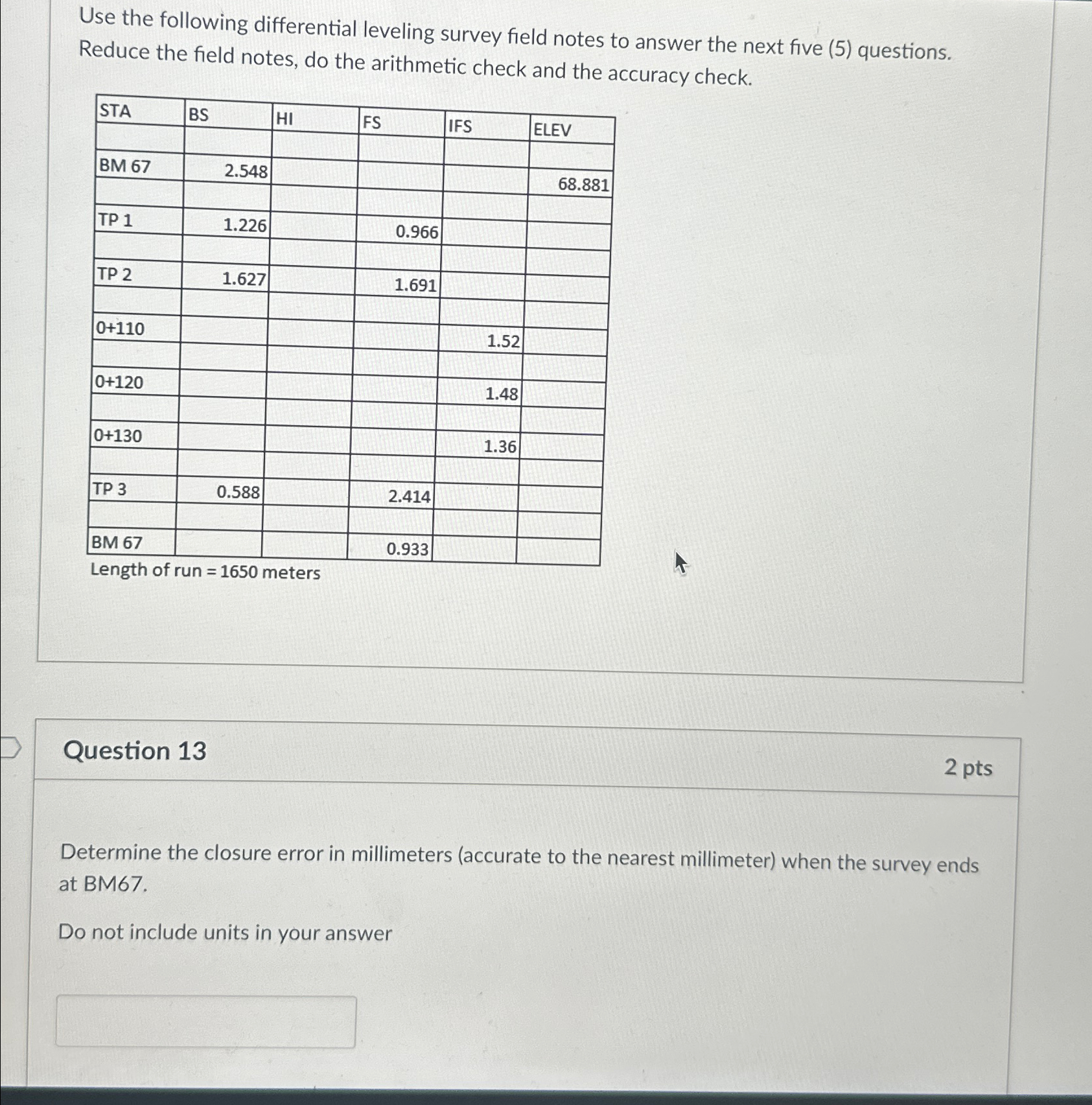 Solved Use the following differential leveling survey field | Chegg.com