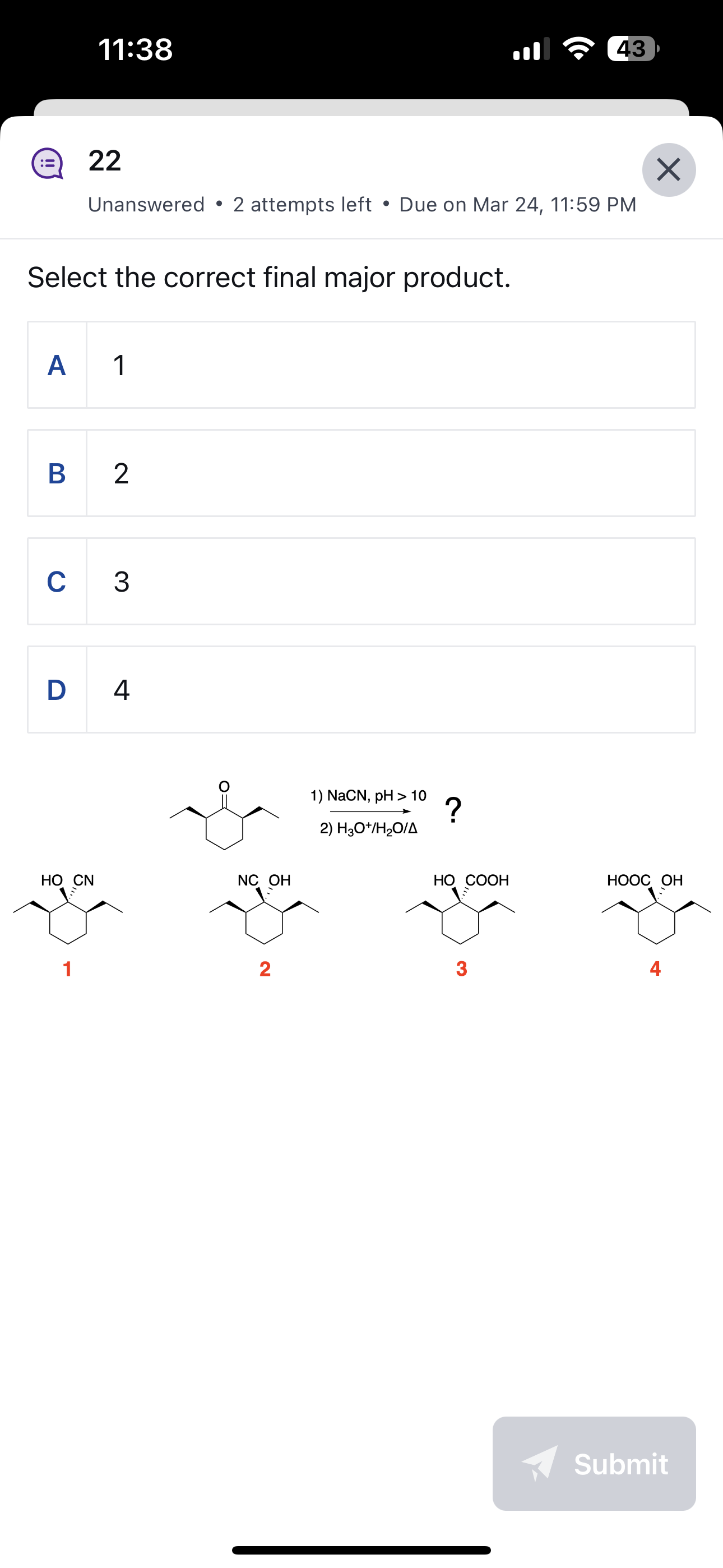 Select the correct final major product.A 1B 2C 3D 4 | Chegg.com