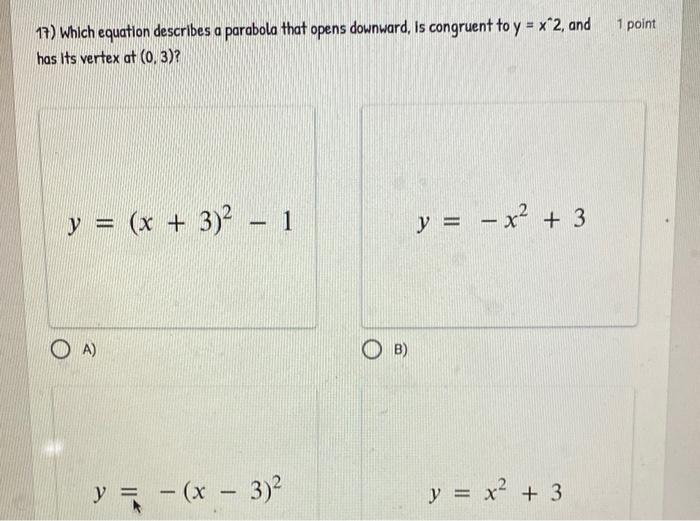 Solved 1 Point 17 Which Equation Describes A Parabola That Chegg Com