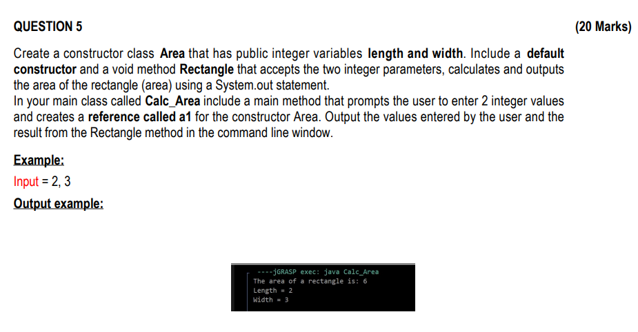 Solved QUESTION 5Create a constructor class Area that has | Chegg.com