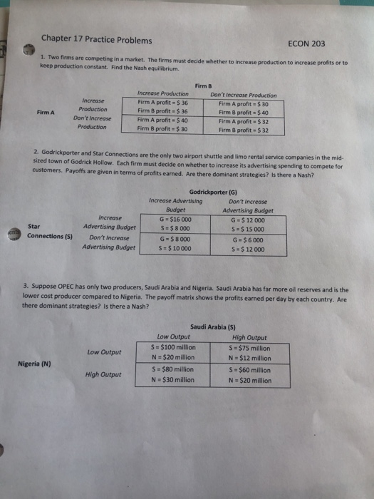 Solved Chapter 17 Practice Problems ECON 203 1. Two firms | Chegg.com