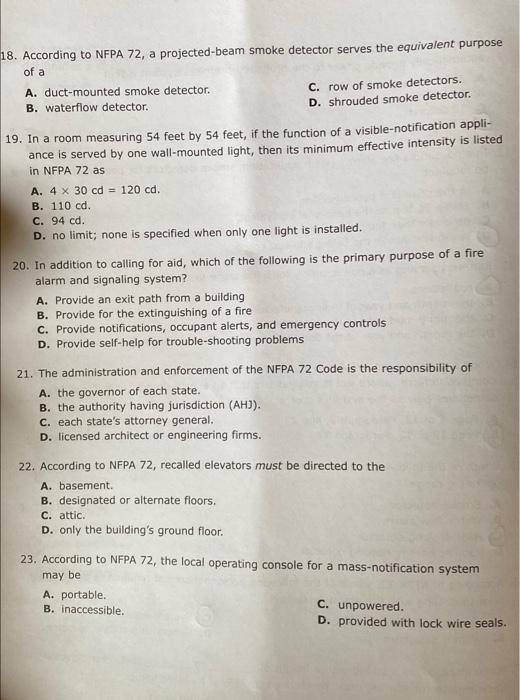 Solved 18. According to NFPA 72, a projected-beam smoke | Chegg.com