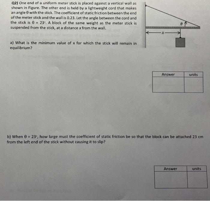 Solved Q2) One end of a uniform meter stick is placed | Chegg.com