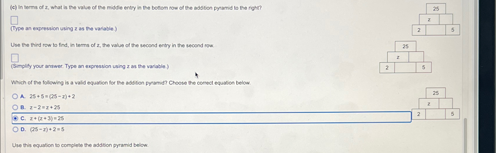 c In terms of z what is the value of the middle Chegg