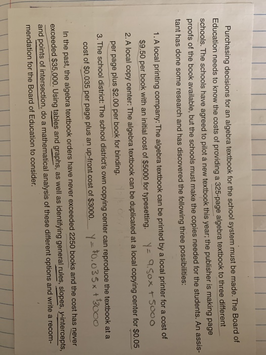 Solved Purchasing decisions for an algebra textbook for the | Chegg.com