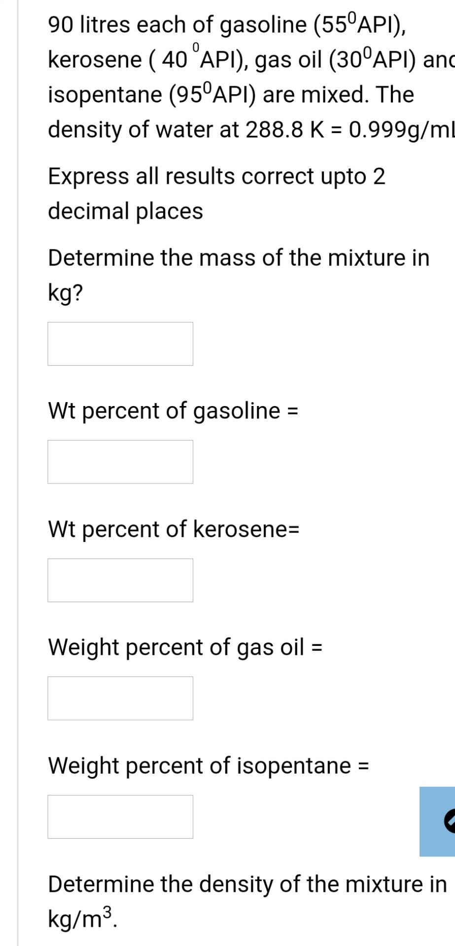 Solved 90 litres each of gasoline 55 API kerosene 40 Chegg