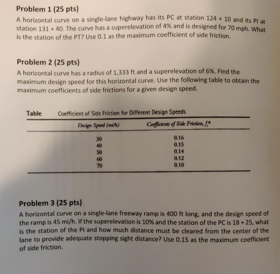 Solved Problem 1 (25 pts) A horizontal curve on a | Chegg.com