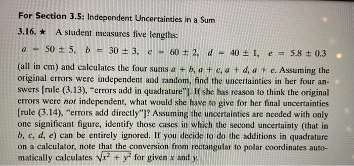Solved For Section 3.5: Independent Uncertainties in a Sum | Chegg.com