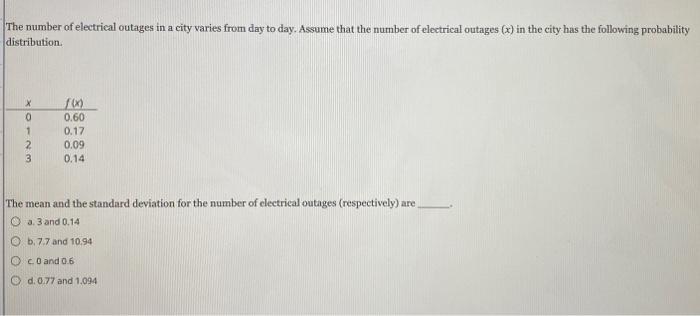 Solved The number of electrical outages in a city varies | Chegg.com