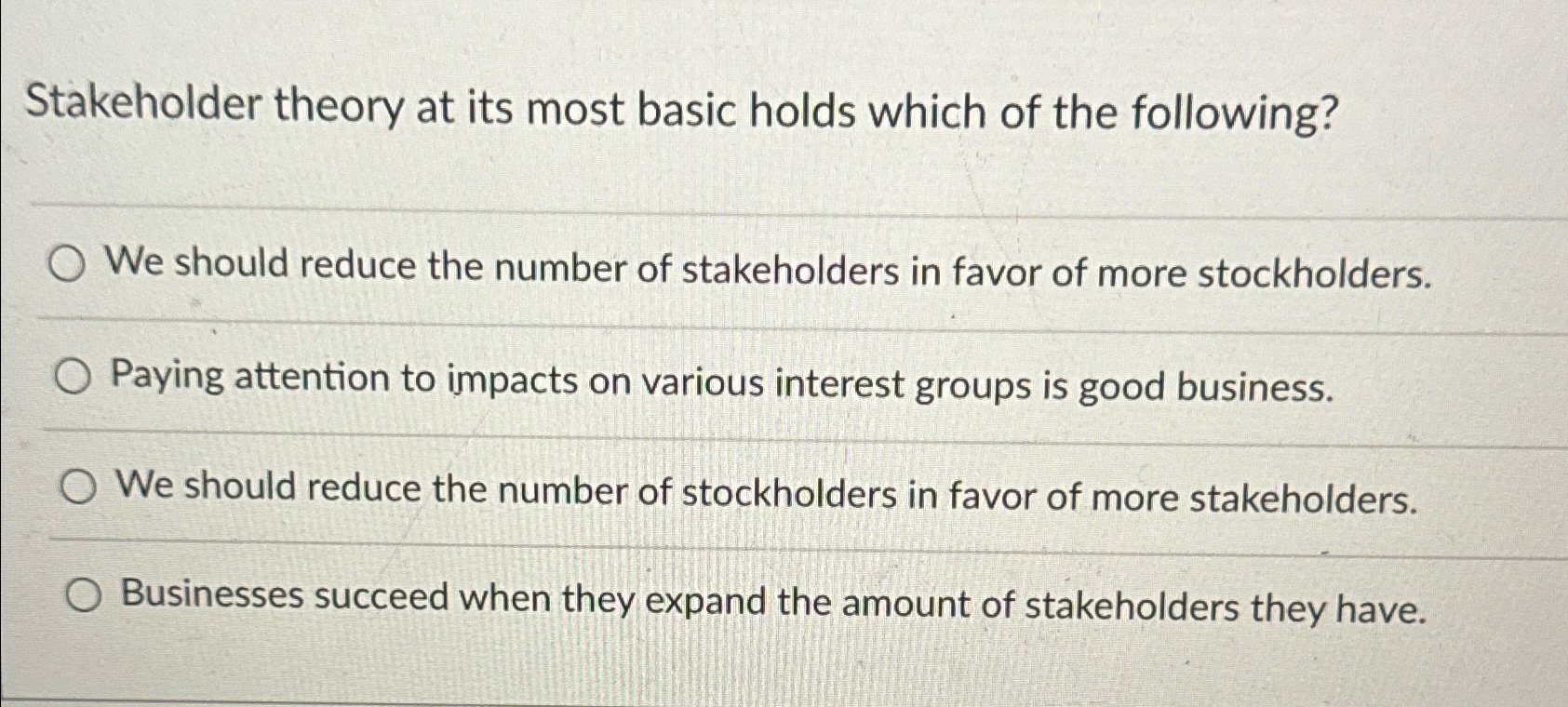 Solved Stakeholder Theory At Its Most Basic Holds Which Of | Chegg.com