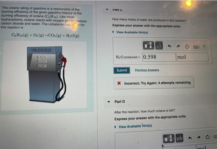 Solved Part The Octane Rating Of Gasoline Is A Relationship | Chegg.com