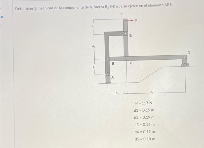 Determine la magnitud de la componente de la fuerza \( \mathrm{B}_{\mathrm{x}}(\mathrm{N}) \) que se ejerce en el elemento \(