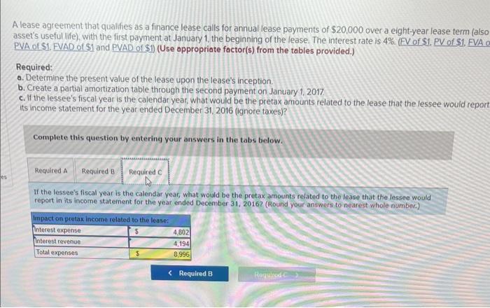 A lease agreement that qualifies as a finance lease calls for annual lease payments of \( \$ 20,000 \) over a eight-year leas