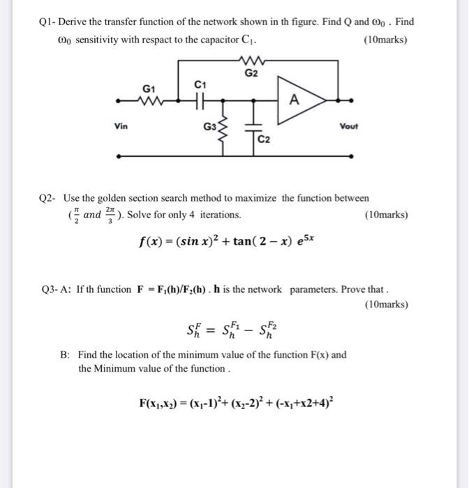 Solved Q1- Derive the transfer function of the network shown | Chegg.com