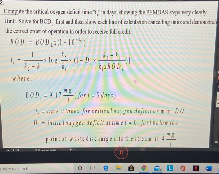 Solved Compute the critical oxygen deficit time "t" in days, | Chegg.com
