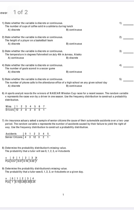 Solved Ewor 1 Of 2 1) State Whether The Variable Is Discrete | Chegg.com