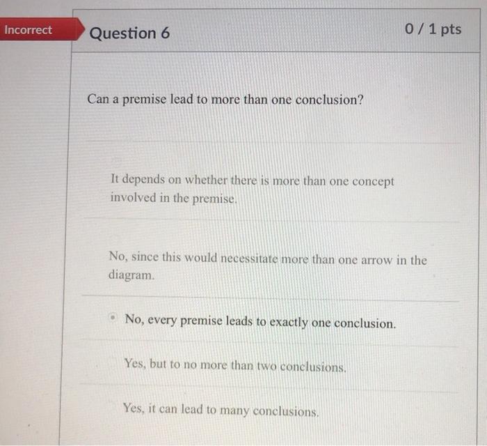 Solved Incorrect Question 6 0 / 1 pts Can a premise lead to | Chegg.com