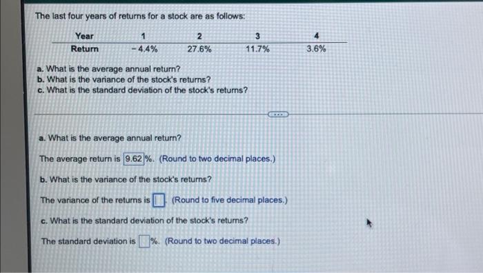 Solved The last four years of returns for a stock are as | Chegg.com
