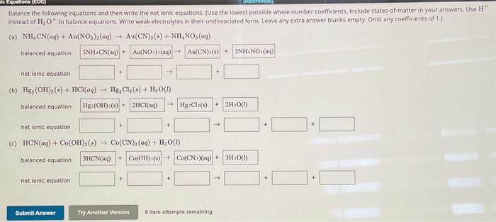 Solved Balance the following equations and then write the | Chegg.com
