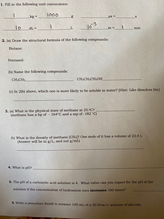 1 Fill In The Following Unit Conversions 1000 Lo Dl Chegg Com