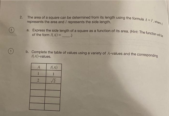 Solved 2. The area of a square can be determined from its | Chegg.com