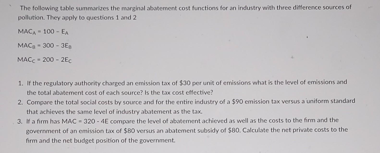 Solved The Following Table Summarizes The Marginal Abatement | Chegg.com