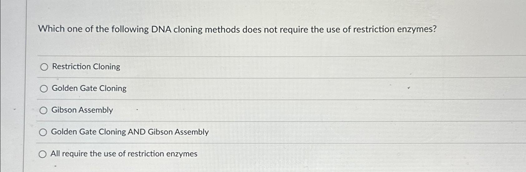 Solved Which one of the following DNA cloning methods does | Chegg.com