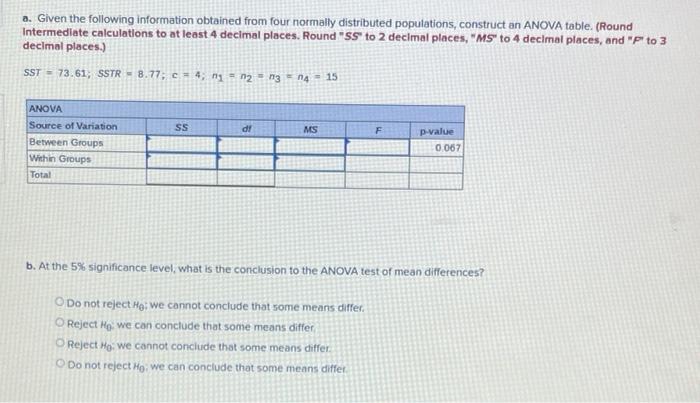 Solved a. Given the following information obtained from four | Chegg.com