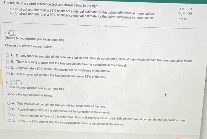 Solved The results of a paired-difference test are shown | Chegg.com