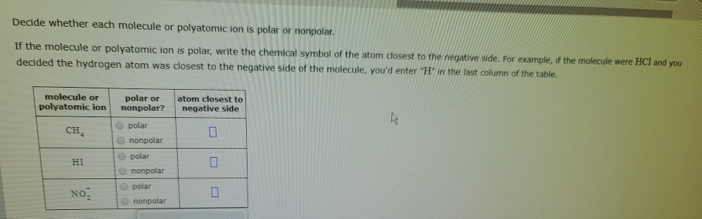 Solved Decide Whether Each Molecule Or Polyatomic Ion Is Chegg Com