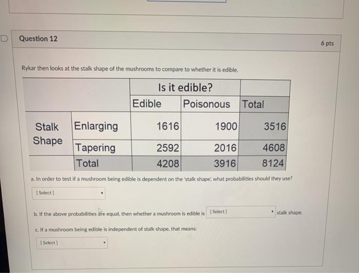 Question 12 6 pts Rykar then looks at the stalk shape | Chegg.com
