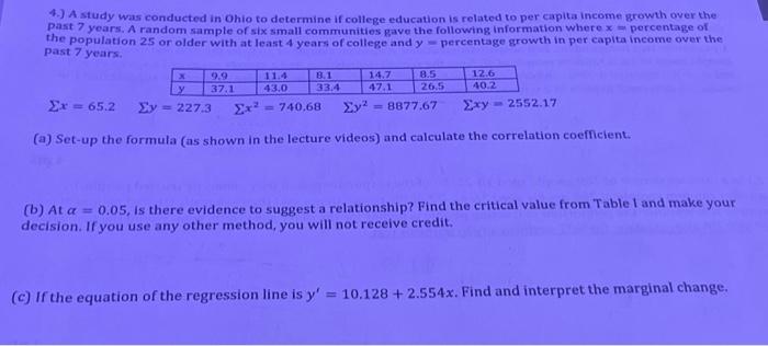 Solved 4.) A study was conducted in Ohio to determine if | Chegg.com