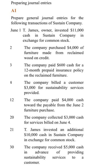 prepare general journal entries for the following transactions of sustain company