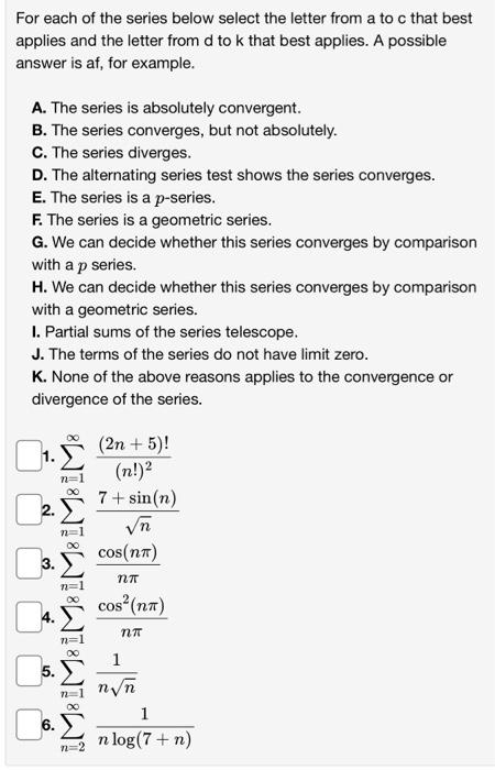 Solved For each of the series below select the letter from a | Chegg.com