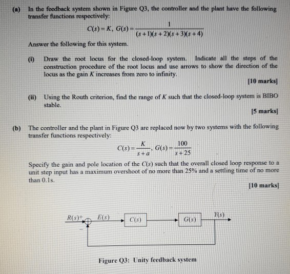 Solved (a) In the feedback system shown in Figure Q3, the | Chegg.com