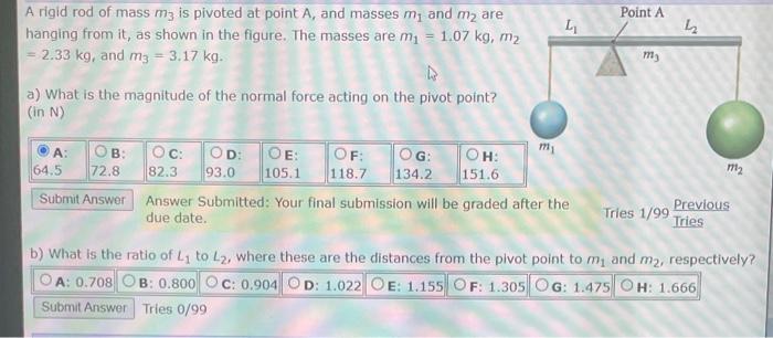 Solved A rigid rod of mass m3 is pivoted at point A, and | Chegg.com