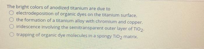Solved The bright colors of anodized titanium are due to O | Chegg.com