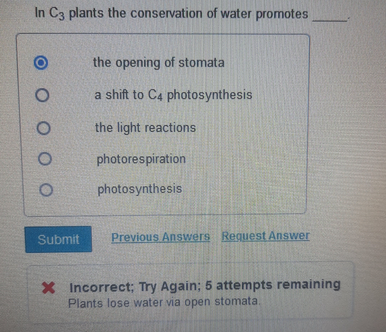Solved In C3 ﻿plants the conservation of water promotes