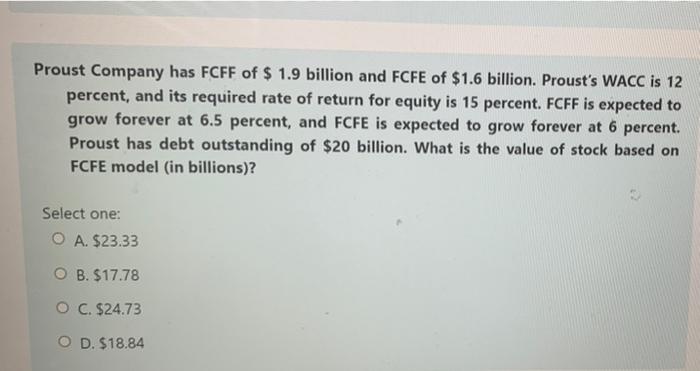 Solved Proust Company Has FCFF Of $ 1.9 Billion And FCFE Of | Chegg.com